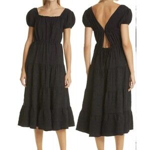 PRIM Nordstrom Puff Sleeve Tie Back Tiered Midi Dress In Black Sz XS New